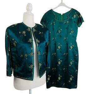 Vintage 1950s Cheongsam Dress with Jacket Emerald Sheath Dress Satin Medium